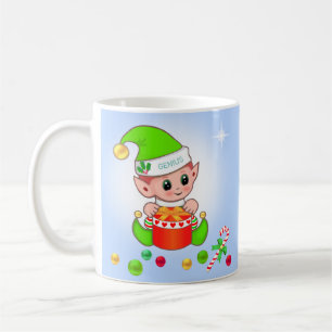Christmas elf & Christmas balls on light blue Coffee Mug