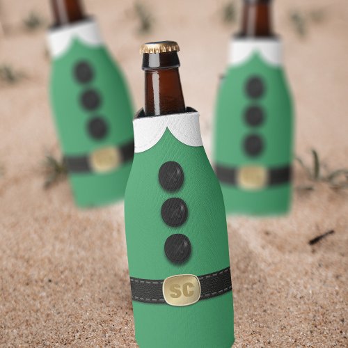 Christmas Elf Costume Monogrammed Green Bottle Cooler
