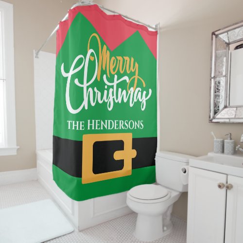 Christmas Elf Costume Personalized Family Name Shower Curtain