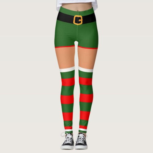Christmas Elf Costume Red Green Striped  Leggings