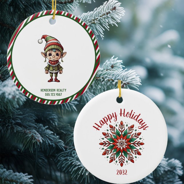 Christmas Elf Custom Happy Holiday Ceramic Ornament (Two sided corporate Christmas ornaments for clients.)