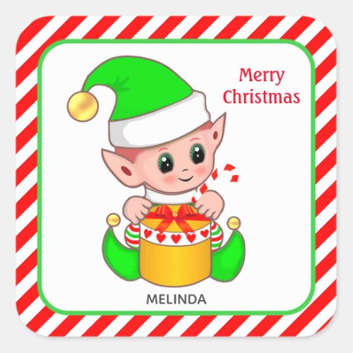 Christmas elf custom text on red  white square sticker