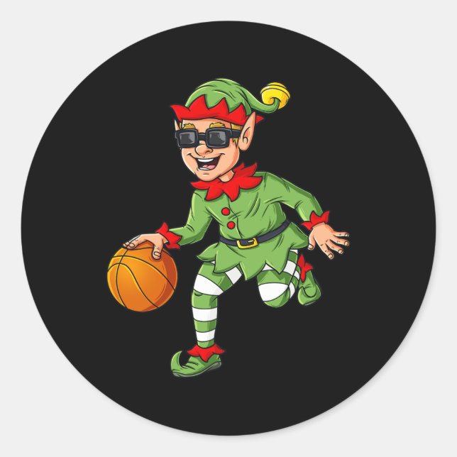 Christmas Elf Dribbling A Basketball Fun Boys Kids Classic Round Sticker (Front)