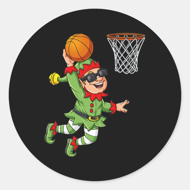 Christmas Elf Dunking A Basketball Fun Boys Kids X Classic Round Sticker (Front)
