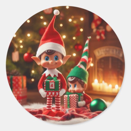 Christmas Elf Elves with Gifts AI Image Classic Round Sticker