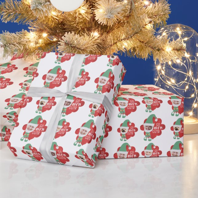 Christmas Elf Family 4 Photo SO ELFn CUTE Saying Wrapping Paper (Holidays)