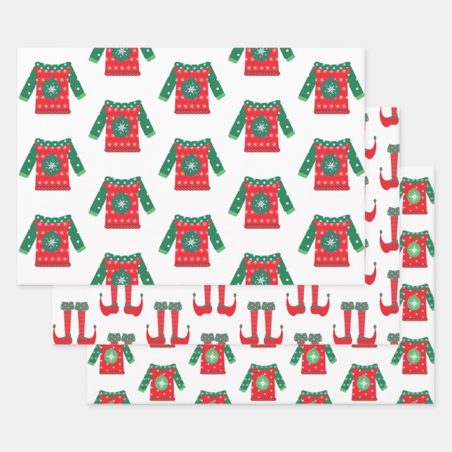 Christmas Elf Feet and Ugly Sweaters Whimsical Wrapping Paper Sheets (Set)