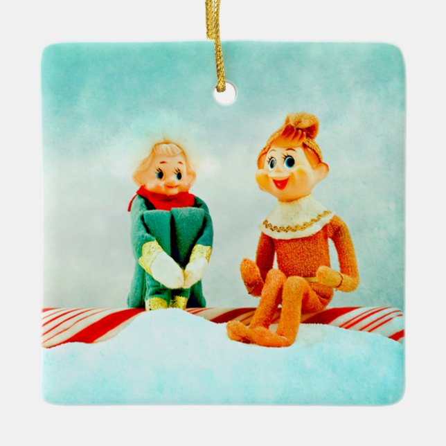 Christmas Elf First Date Ceramic Ornament (Front)