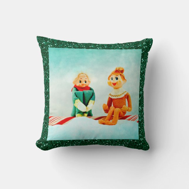 Christmas Elf First Date with Glitter Frame Throw Pillow (Front)