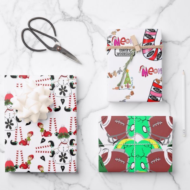 Christmas Elf, Football, Cat Wrapping Paper Sheets (Front)