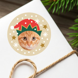 Christmas Elf Funny Face Custom Photo Gold Classic Round Sticker