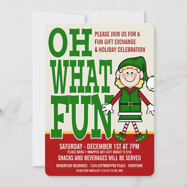Christmas Elf Girl Gift Exchange Party Invitation (Front)