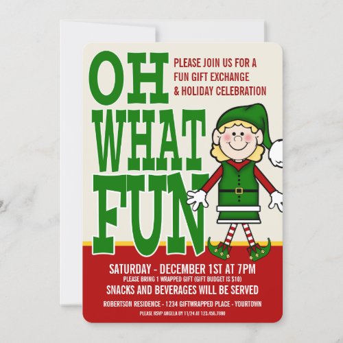 Christmas Elf Girl Gift Exchange Party Invitation