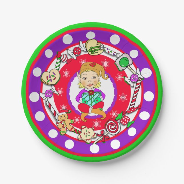Christmas Elf Girl Whimsical Candy Polka Dot Paper Plates (Front)