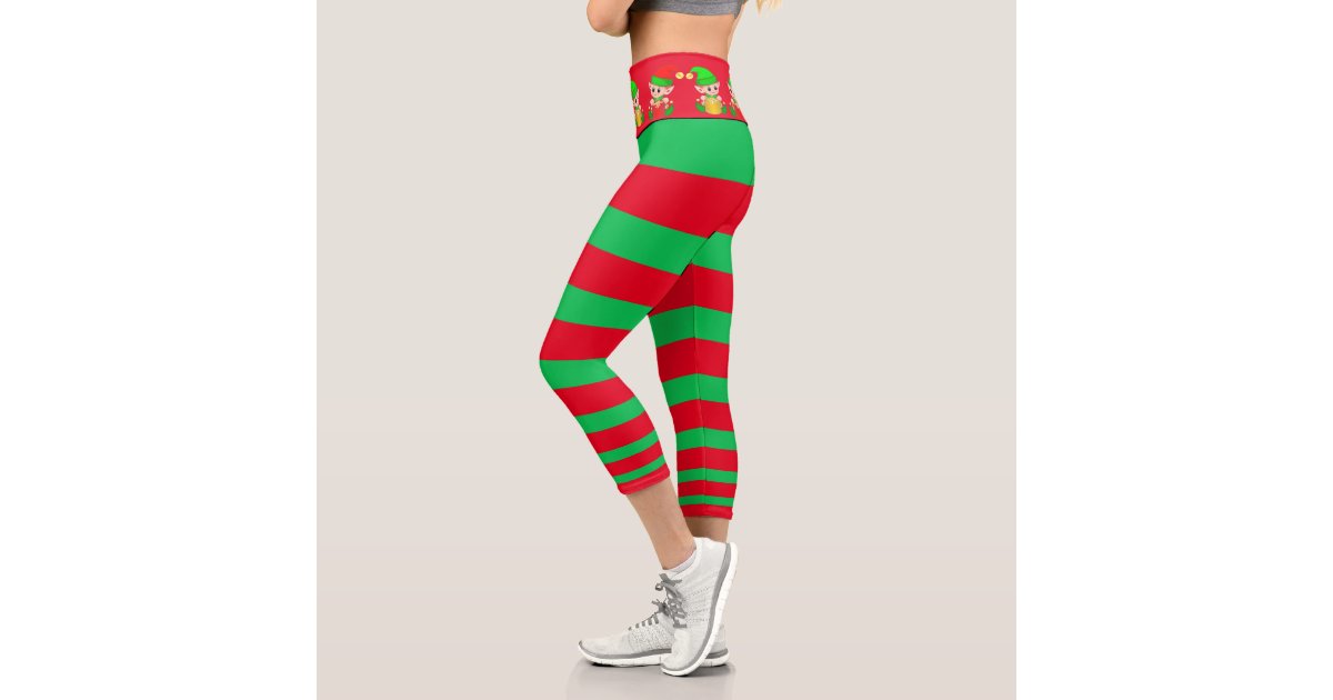 Christmas elf green and red striped capri leggings | Zazzle