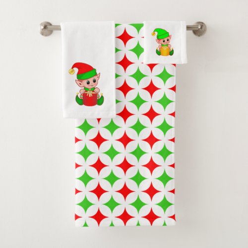 Christmas Elf  Green Red Diamond Star Pattern Bath Towel Set