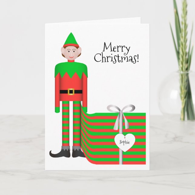 Christmas Elf Greeting Card - Striped Gift Package (Front)