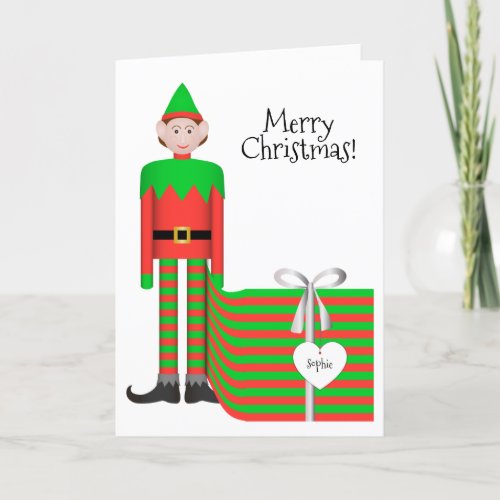 Christmas Elf Greeting Card _ Striped Gift Package