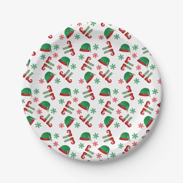 Christmas Elf Hat Snowflakes Pattern Green Red Paper Plates (Front)