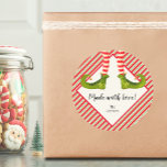 Christmas Elf Homemade Goods Holiday Baking Classic Round Sticker<br><div class="desc">Create stickers to label your Christmas holiday homemade goods,  cookies,  candy,  treats,  party favors and more featuring fun elf legs with green boots,  striped tights and jingle bells with your message in chic lettering.</div>