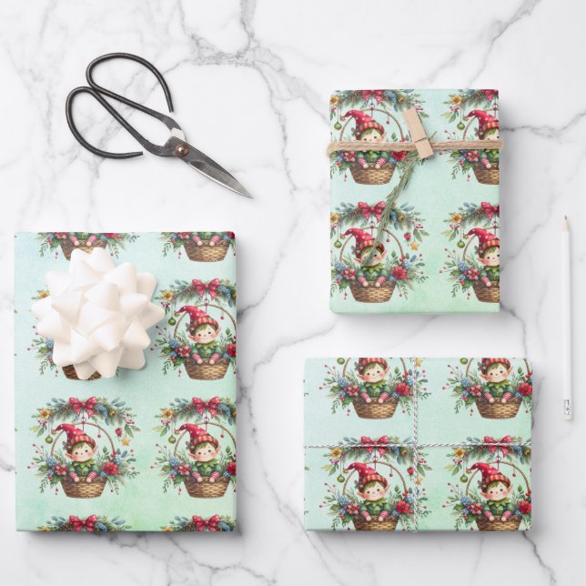 Christmas Elf In a Floral Basket Wrapping Paper Sheets (Front)