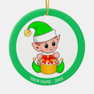 Christmas Elf in Green & Custom Name Ceramic Ornament