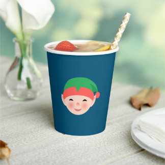 Christmas Elf in Green Hat on Blue Paper Cups