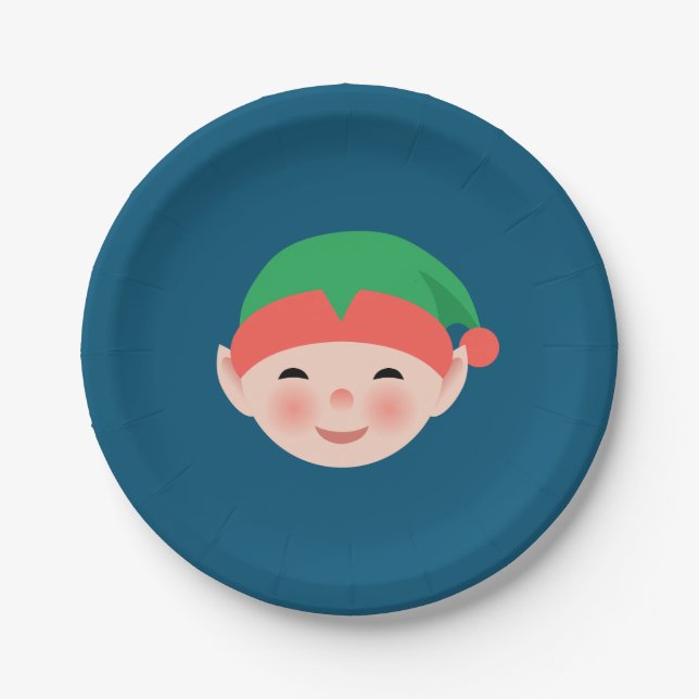 Christmas Elf in Green Hat on Blue Paper Plates (Front)