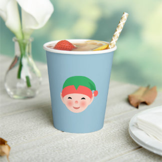 Christmas Elf in Green Hat on Light Blue Paper Cups