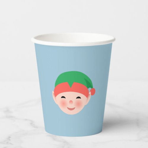 Christmas Elf in Green Hat on Light Blue Paper Cups