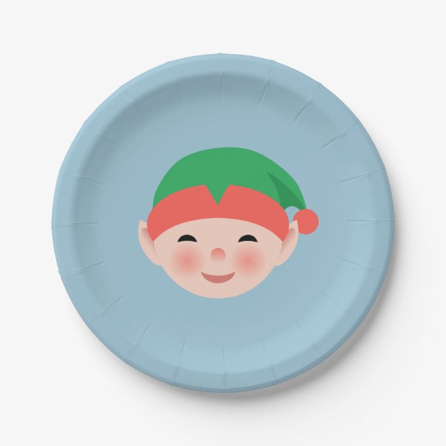 Christmas Elf in Green Hat on Light Blue Paper Plates (Front)
