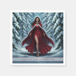 Christmas Elf in Red in Snowy Winter Forest Napkins
