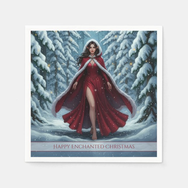 Christmas Elf in Red in Snowy Winter Forest Napkins (Front)