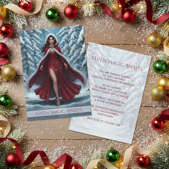 Christmas Elf in Red in Snowy Winter Forest Party Invitation (Creator Uploaded)