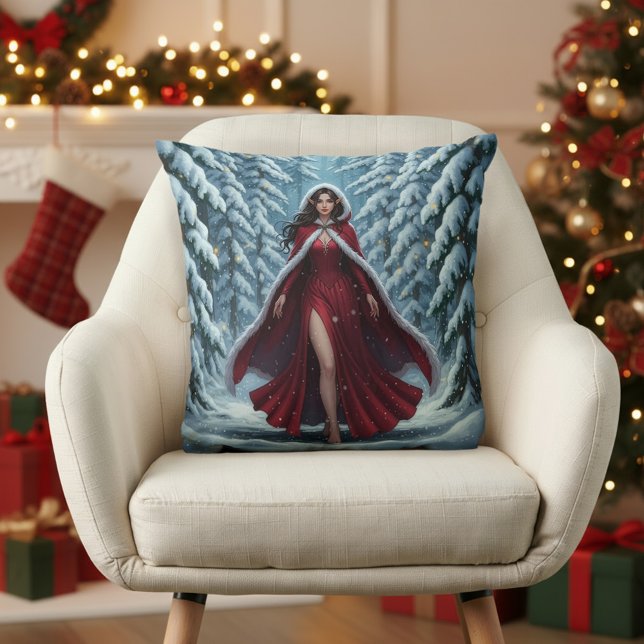 Christmas Elf in Red in Snowy Winter Forest Throw Pillow (Creator Uploaded)