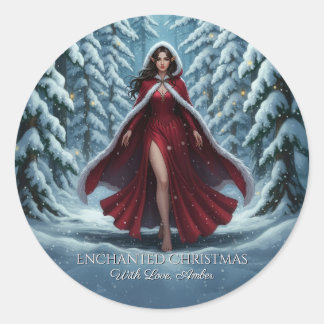 Christmas Elf in Red in Winter Forest Magnet Card Classic Round Sticker