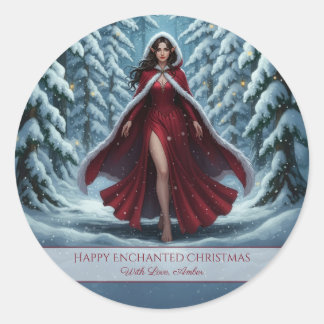 Christmas Elf in Red in Winter Forest Magnet Card Classic Round Sticker