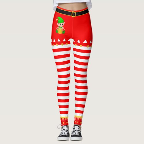 Christmas Elf  Jingle Bells on Red White Striped Leggings