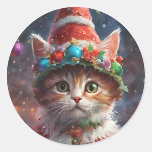 Christmas Elf Kitty Holiday Kitten Cat Pet  Classic Round Sticker