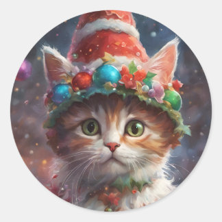 Christmas Elf Kitty, Holiday Kitten Cat, Pet Classic Round Sticker