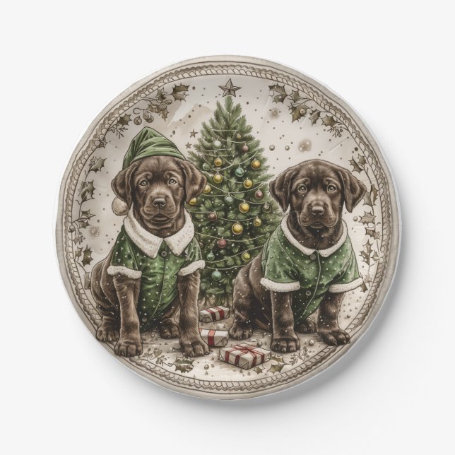 Christmas Elf Labrador Retriever Puppy Paper Plates (Front)
