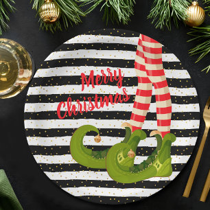 Christmas Elf Legs Black and White Stripes Paper Plates