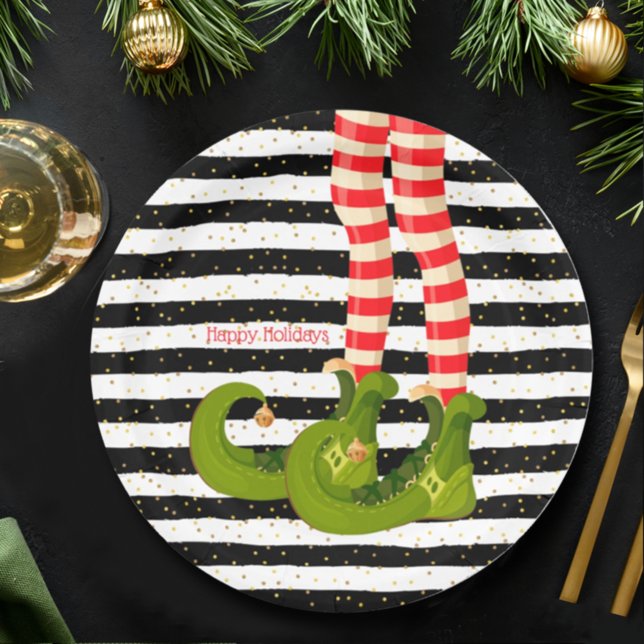 Christmas Elf Legs Black and White Stripes Paper Plates (Creator Uploaded)
