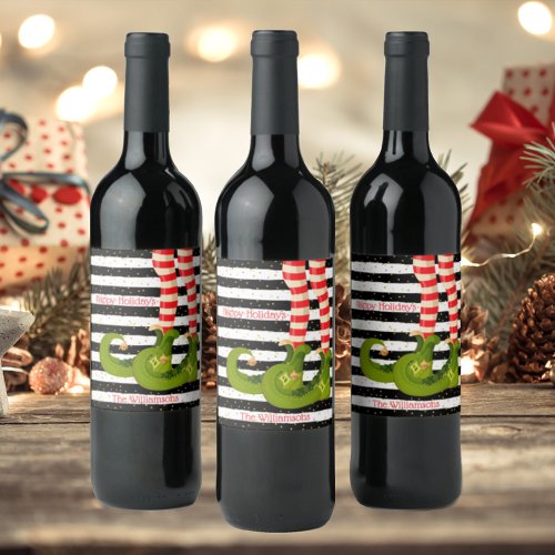 Christmas Elf Legs Black and White Stripes Wine Label