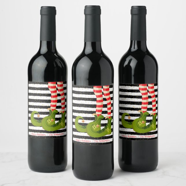 Christmas Elf Legs Black and White Stripes Wine Label (Bottles)