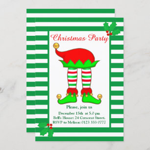 Christmas Elf on Green White Party Invitation