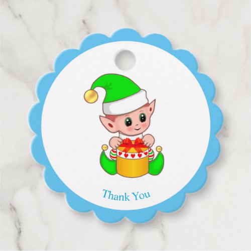 Christmas elf on light blue and white Thank You Favor Tags