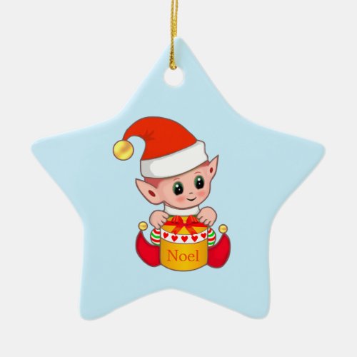 Christmas Elf on Light Blue Ceramic Ornament