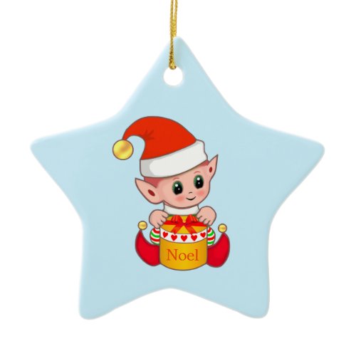 Christmas Elf on Light Blue Ceramic Ornament