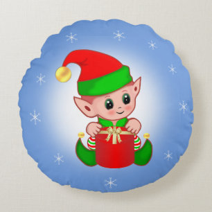 Christmas Elf on Light Blue Round Pillow